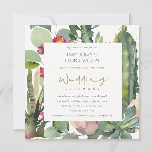 ELEGANT BOHO PINK FLORAL CACTI FOLIAGE WEDDING KAART (Voorkant)