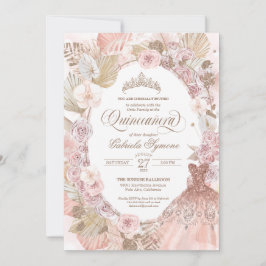 Elegant Boho Pink Gedroogde Floral Rozen Quinceane Kaart