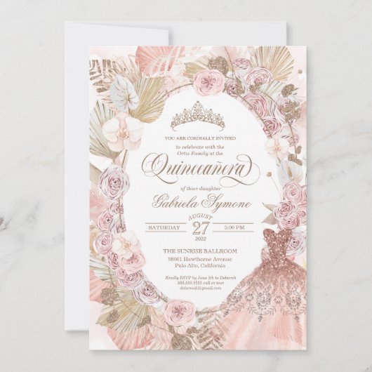 Elegant Boho Pink Gedroogde Floral Rozen Quinceane Kaart (Voorkant)