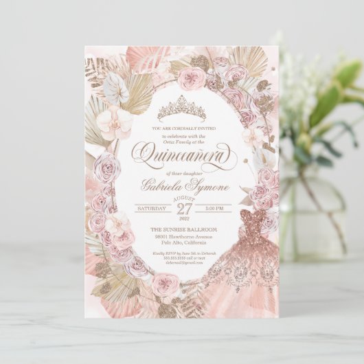 Elegant Boho Pink Gedroogde Floral Rozen Quinceane Kaart (Staand voorkant)