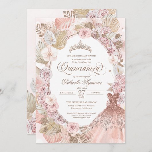 Elegant Boho Pink Gedroogde Floral Rozen Quinceane Kaart (Voorkant / Achterkant)