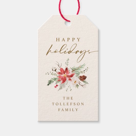 Elegant Boho  Poinsettia Groen Kerstmis Cadeaulabel (Voorkant)