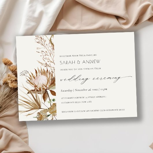 Elegant Boho Protea Dry Palm Floral Wedding Invite Bedankkaart