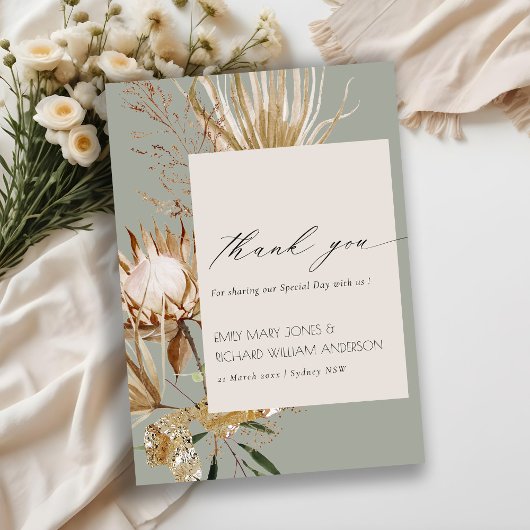 Elegant Boho Protea Gedroogde Palm Floral Wedding Bedankkaart
