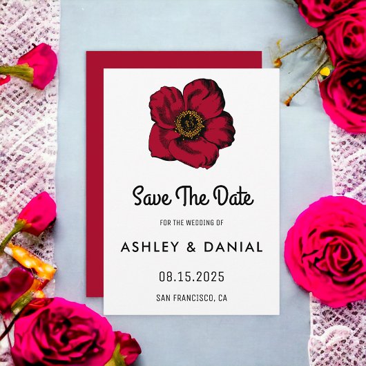 Elegant boho red rose floral Wedding Save the Date Kaart