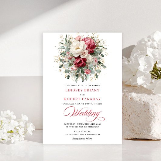 Elegant Boho Red White Greenery Wedding Invitation Kaart