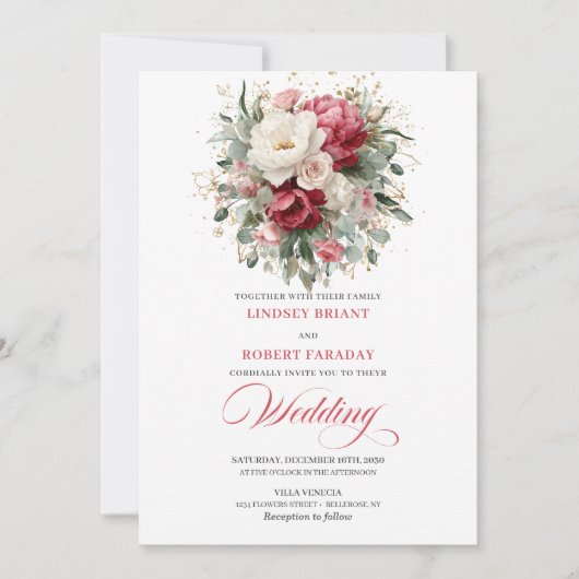 Elegant Boho Red White Greenery Wedding Invitation Kaart (Voorkant)