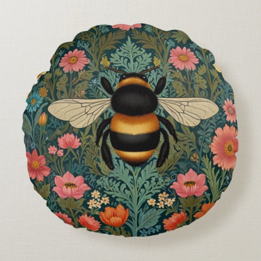 Elegant boho retro bumblebee spring florals  rond kussen (Voorkant)