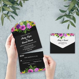 Elegant Boho Romantic Flowers Black Floral Wedding All In One Uitnodiging