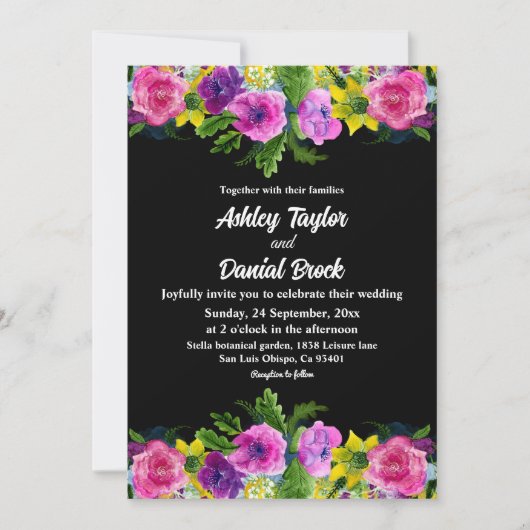 Elegant Boho Romantic Flowers Black Floral Wedding Kaart (Voorkant)