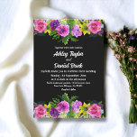 Elegant Boho Romantic Flowers Black Floral Wedding Kaart<br><div class="desc">Deze elegante uitnodiging voor een florale bruiloft is perfect voor een moderne zomerbloemige bruiloft. Het romantische ontwerp biedt kleurrijke waterverf bloemen met elegante witte typografie op een zwarte achtergrond.</div>