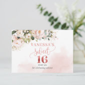 Elegant boho roos gouden bloemenfeest 16e verjaard bedankkaart (Staand voorkant)