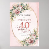Elegant Boho Rose Gold Greenery 40th Birthday  Poster (Voorkant)