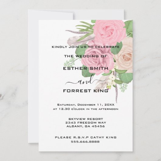 Elegant Boho Roze Wit Bloemen Boeket Bruiloft Kaart (Voorkant)