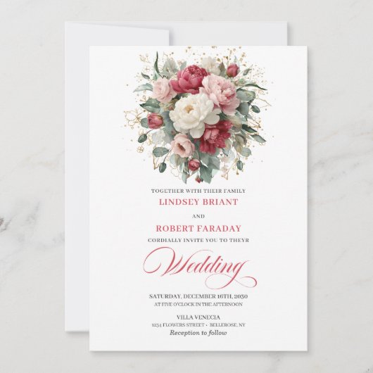 Elegant Boho Ruby Red Blush Greenery Invitation Kaart (Voorkant)