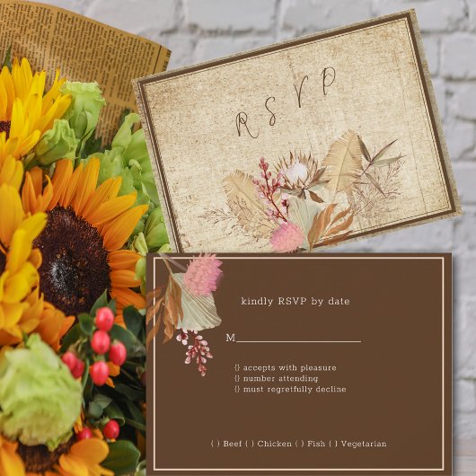 Elegant Boho, Rustic Cream & Brown Background RSVP Kaartje