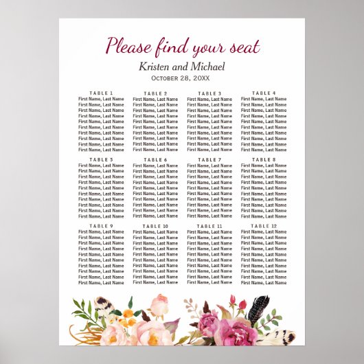 Elegant Boho Rustic Floral Wedding Seding Chart Poster (Voorkant)