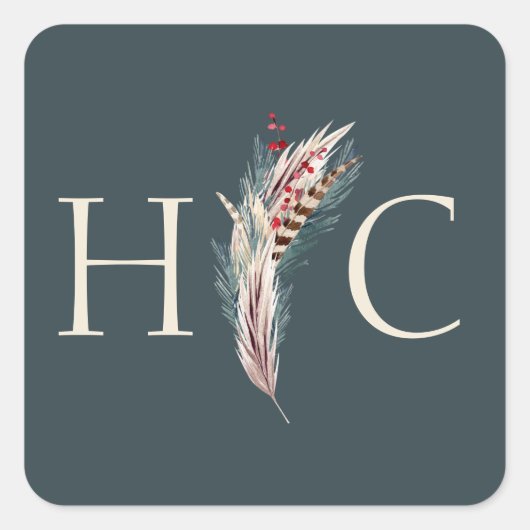 Elegant Boho Rustic Pampas & Pine Green Tan Red Vierkante Sticker (Voorkant)