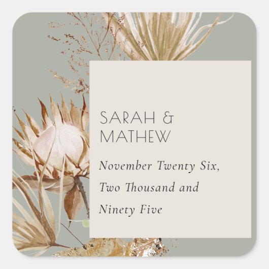 Elegant Boho Saga Green Protea Dried Palm Floral Vierkante Sticker (Voorkant)