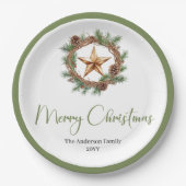 Elegant Boho Scandinavian Cozy Pine Wreath Holiday Papieren Bordje (Voorkant)
