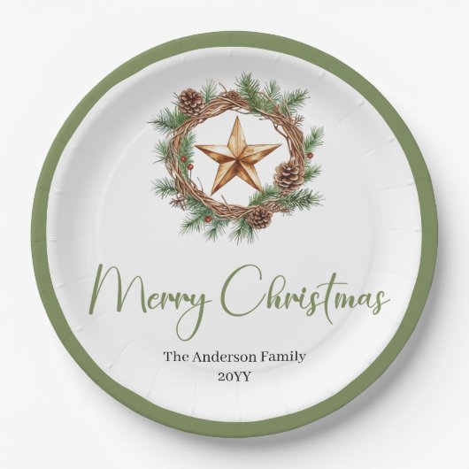 Elegant Boho Scandinavian Cozy Pine Wreath Holiday Papieren Bordje (Voorkant)
