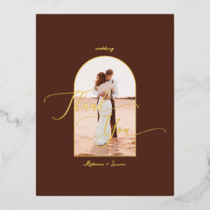 Elegant Boho Script Photo Weddenschap Bedankt Folie Uitnodiging Briefkaart