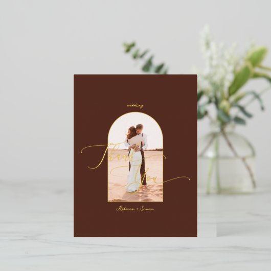 Elegant Boho Script Photo Weddenschap Bedankt Folie Uitnodiging Briefkaart (Staand Voorkant)