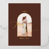 Elegant Boho Script Photo Weddenschap Bedankt Folie Uitnodiging Briefkaart (Voorkant)