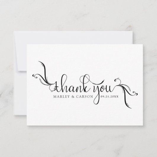 Elegant Boho Script Zwart & Wit Trouwen Bedankkaart (Voorkant)