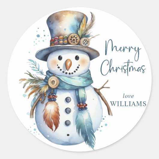 Elegant Boho Snowman Vrolijk Kerstfeest Ronde Sticker (Voorkant)