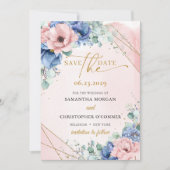 Elegant boho stoffig blauw en blush rozen gouden l save the date (Voorkant)