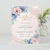 Elegant boho stoffig blauw en blush rozen gouden l save the date (Staand voorkant)