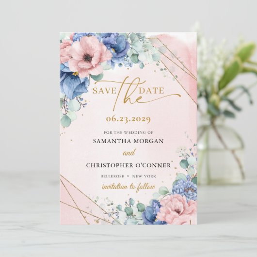 Elegant boho stoffig blauw en blush rozen gouden l save the date (Staand voorkant)