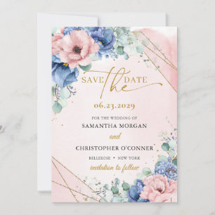Elegant boho stoffig blauw en blush rozen gouden l save the date