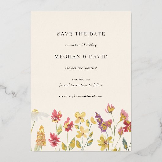 Elegant Boho Summer Wildflower Save the Date Folie Uitnodiging (Voorkant)