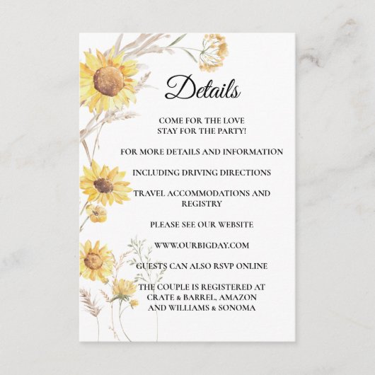Elegant Boho Sunflower Enclosure Card Details Informatiekaartje (Voorkant)