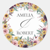 Elegant Boho Sunflower Rustic Floral Fall Wedding Ronde Sticker (Voorkant)