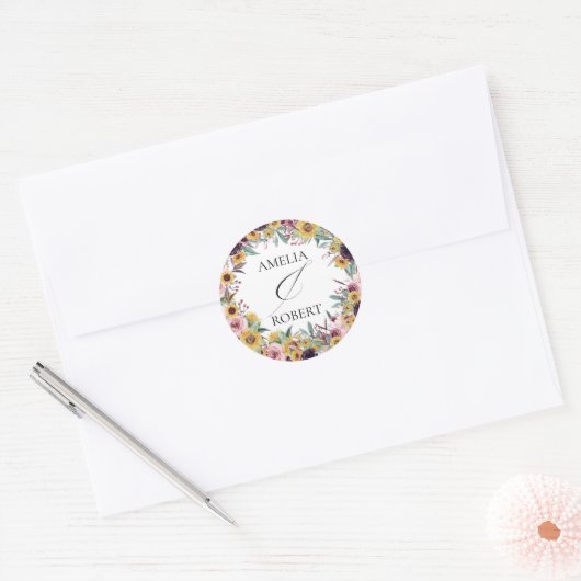 Elegant Boho Sunflower Rustic Floral Fall Wedding Ronde Sticker (Envelop)
