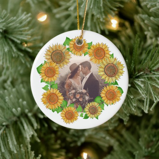 Elegant Boho Sunflower Rustic Personalized Wedding Keramisch Ornament (Boom)