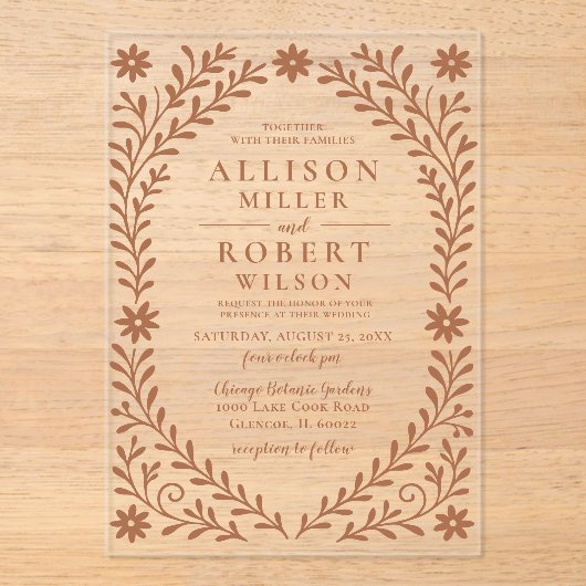 Elegant Boho Terracotta Floral Wedding Acryl Uitnodigingen (Voorkant)