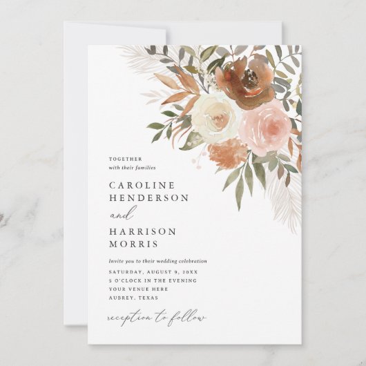 Elegant Boho Terracotta Floral Wedding Invitation Kaart (Voorkant)