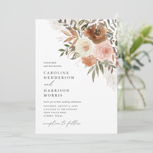 Elegant Boho Terracotta Floral Wedding Invitation Kaart (Staand voorkant)