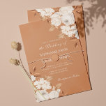 Elegant Boho Terracotta Floral Wedding Invitation Kaart<br><div class="desc">Deze boho terracotta trouwuitnodiging bevat witte pinda's,  hortensie en gouden bladeren op een stoffige roos waterverf achtergrond. Dit ontwerp is ideaal voor een moderne elegante buitenzomerbruiloft. Zoek overeenkomende producten en sets in het Boho Terracotta Wedding Collectie. Er is een afdrukbaar bestand beschikbaar.</div>