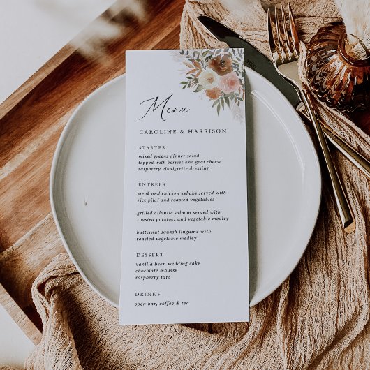 Elegant Boho Terracotta Floral Wedding Menu