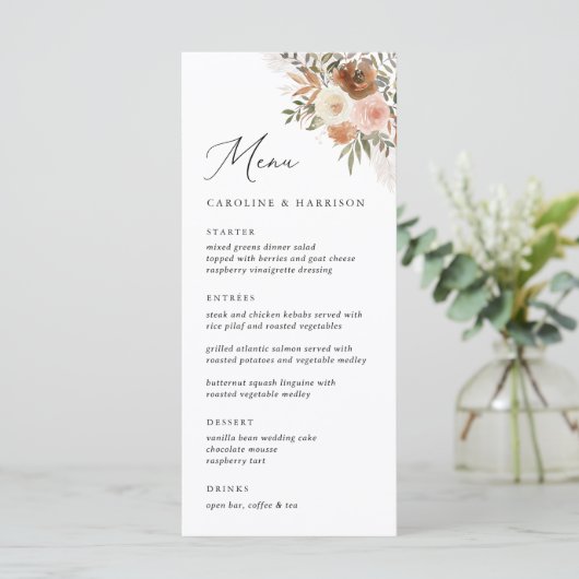 Elegant Boho Terracotta Floral Wedding Menu (Staand voorkant)
