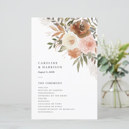 Elegant Boho Terracotta Floral Wedding Programma (Staand voorkant)