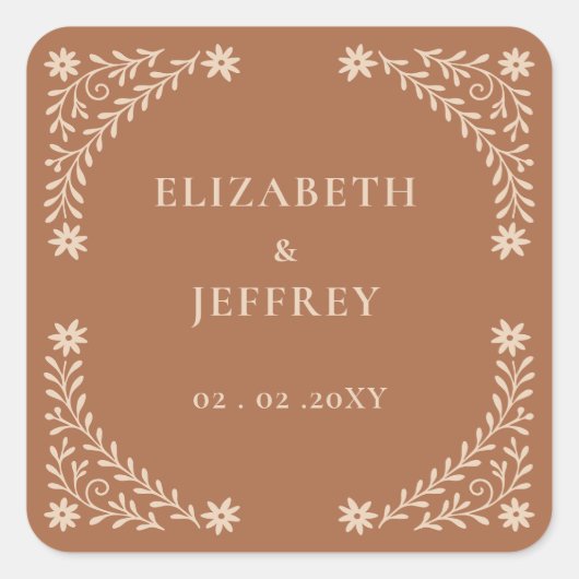 Elegant Boho Terracotta Floral Wedding Vierkante Sticker (Voorkant)