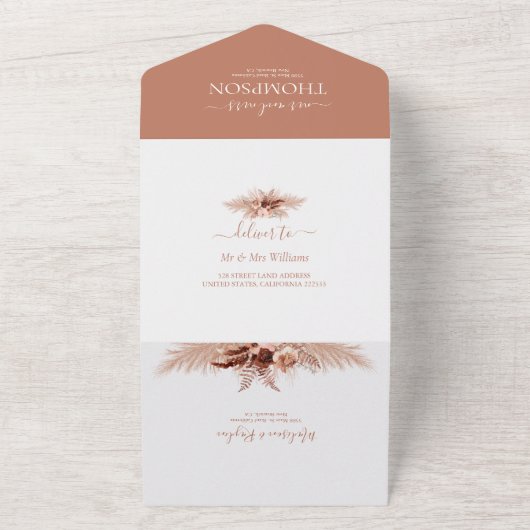 Elegant Boho Terracotta Pampas Wedding All In One Uitnodiging (Buitenkant)