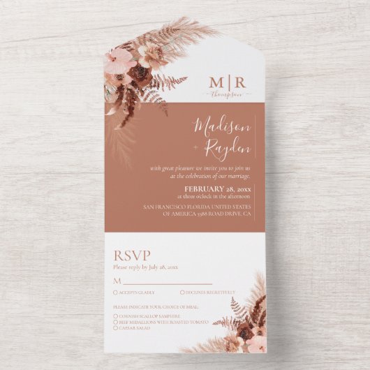 Elegant Boho Terracotta Pampas Wedding All In One Uitnodiging (Binnen)