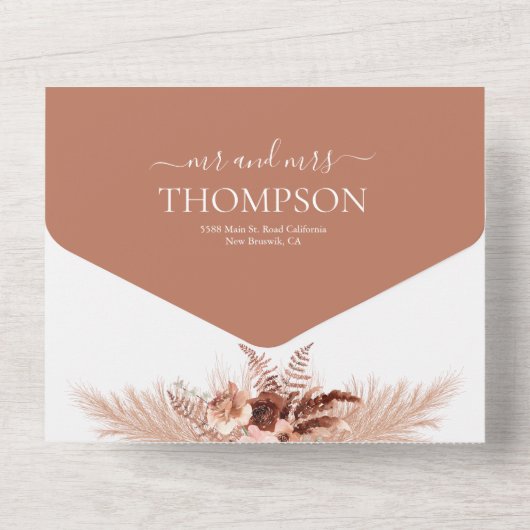 Elegant Boho Terracotta Pampas Wedding All In One Uitnodiging (Achterkant)